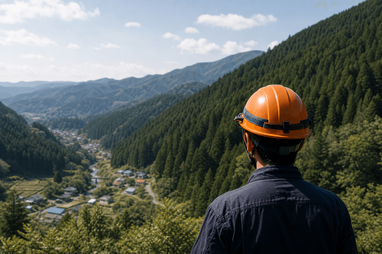 山あいの集落を見下ろす作業員
