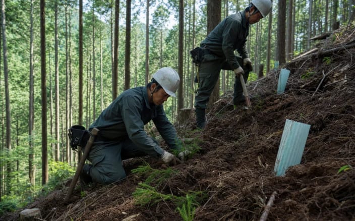 山の斜面で地拵えと植付けを行う作業員