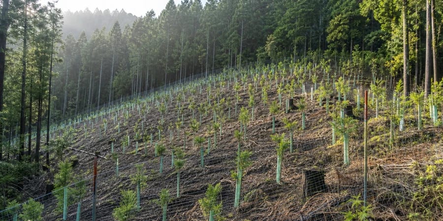 植付けと防護柵整備を終えた森林組合の現場